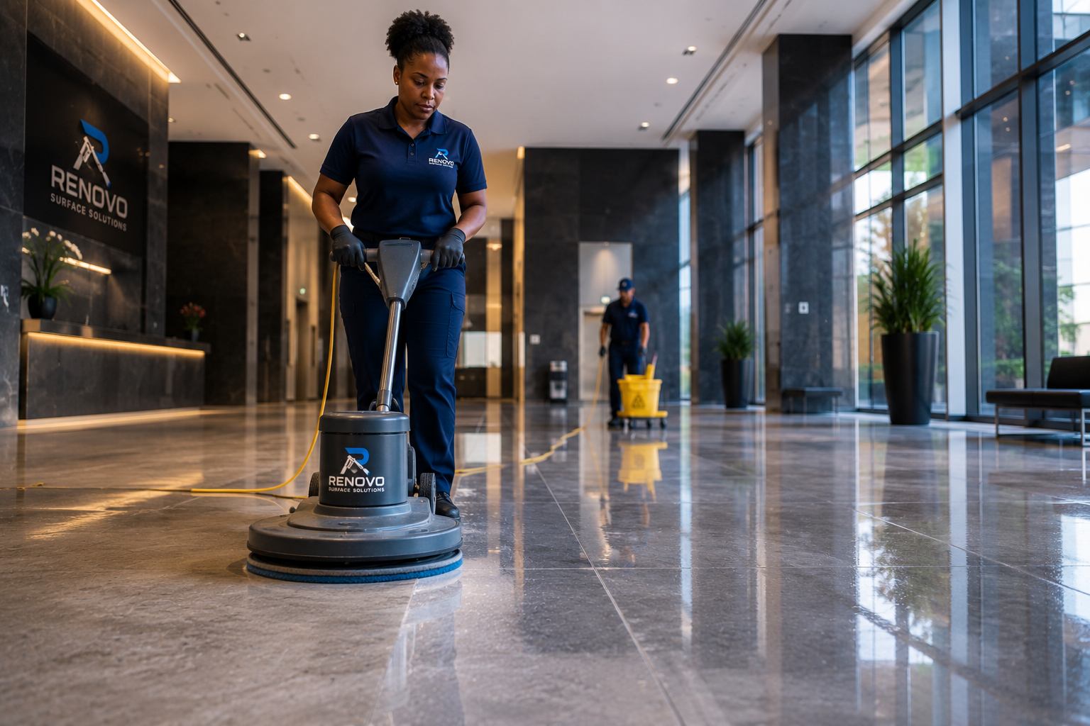 Renovo janitorial technician buffing a commercial lobby floor