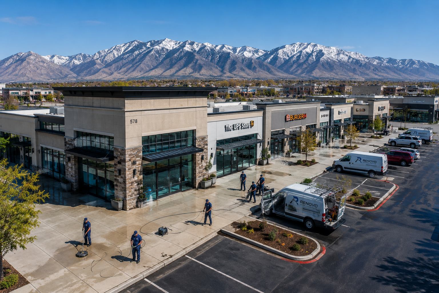 Aerial view of a Utah retail plaza with the Wasatch mountains behind it