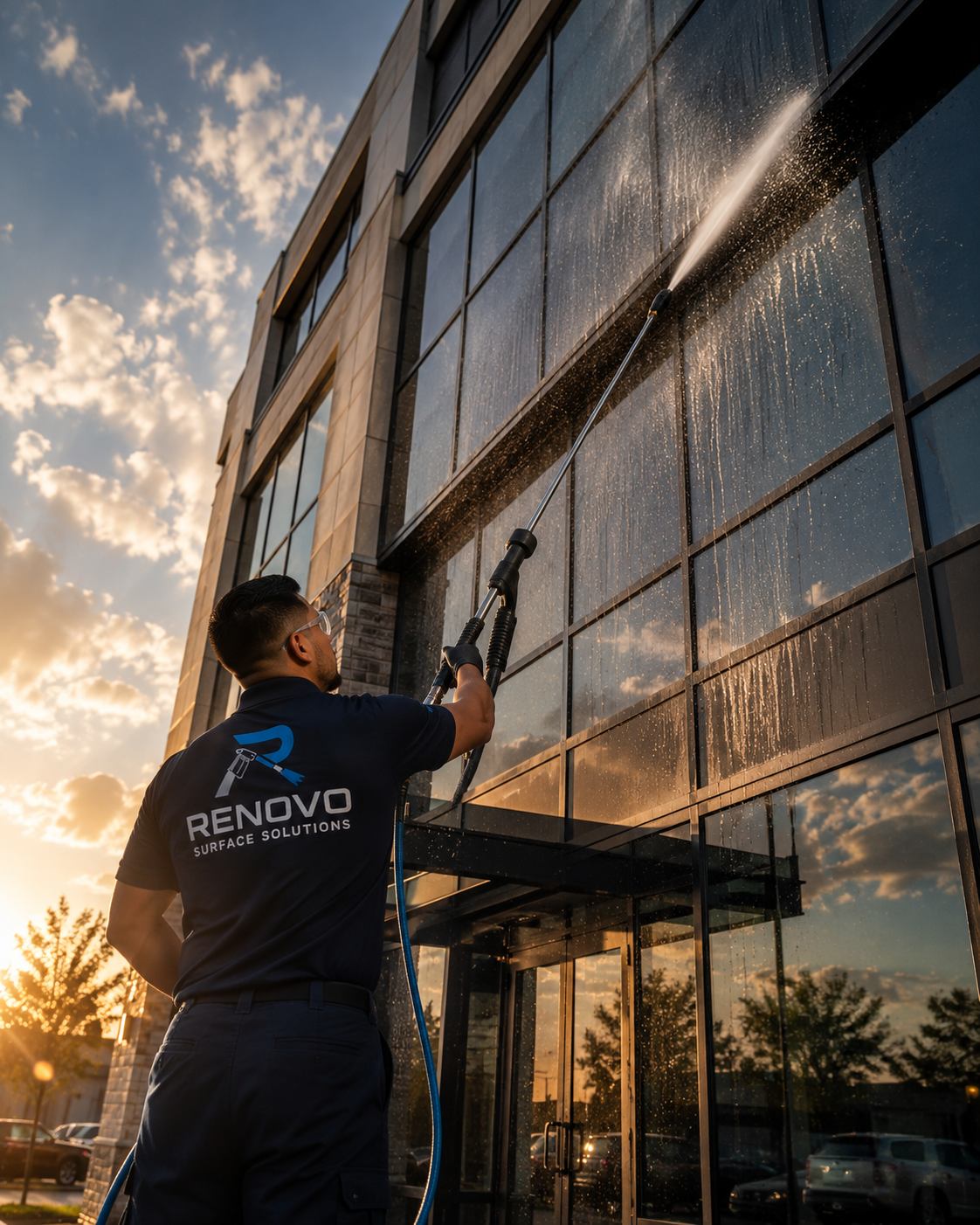 Technician cleaning exterior windows of a Utah high-rise at sunset